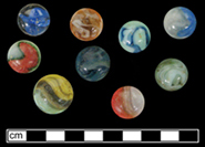 18BC27 - Machine made glass marbles, various types grouped (primarily patched and cat eye) - click image to see larger view.